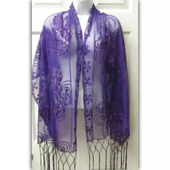 Purple Sequin Shawl Wrap Sparkle Fringed Scarf Wedding Bridal Formal Evening - Picture 1 of 3